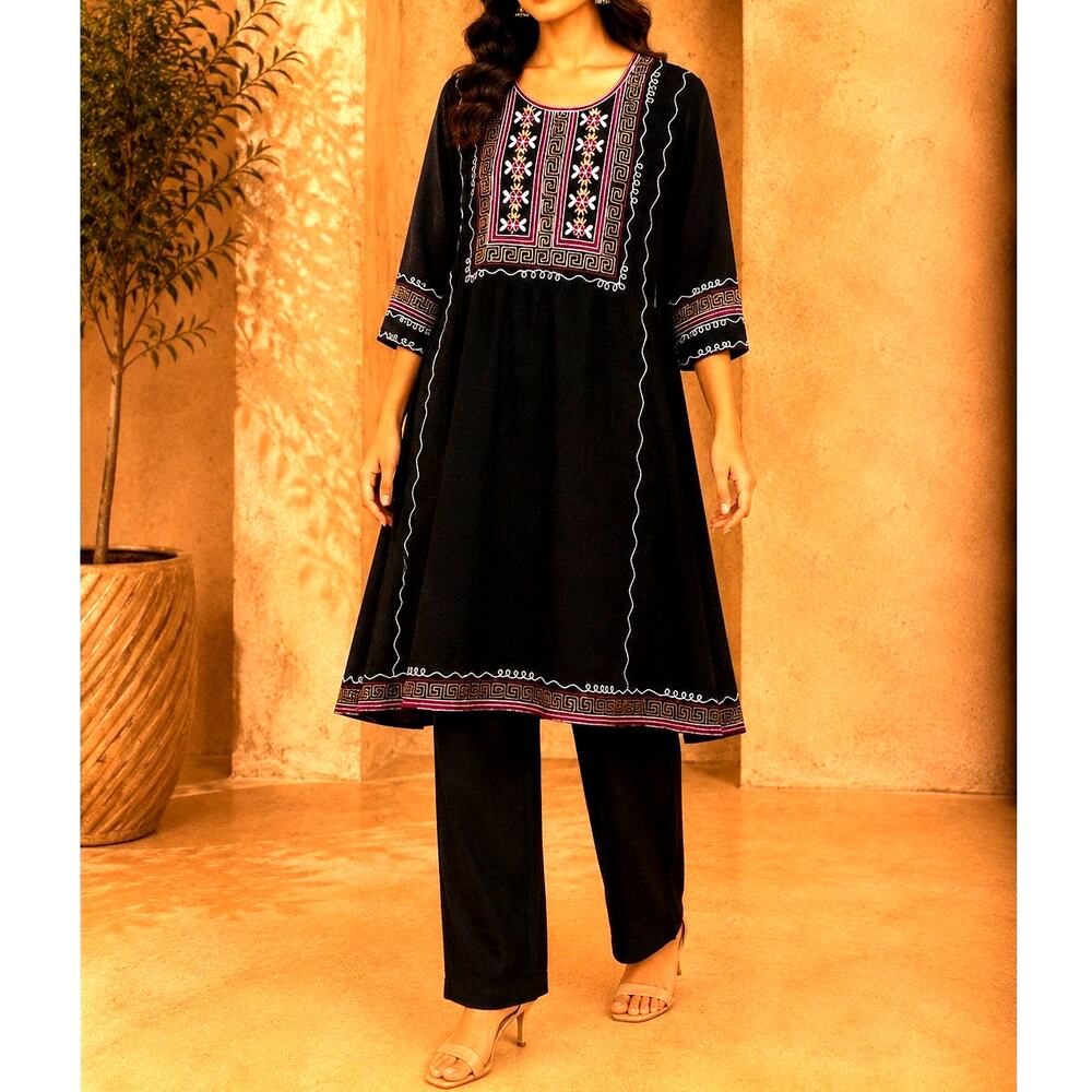 Black Indian Pakistani Dress Cotton Embroidered Dress Pants Scarf Set Size Small